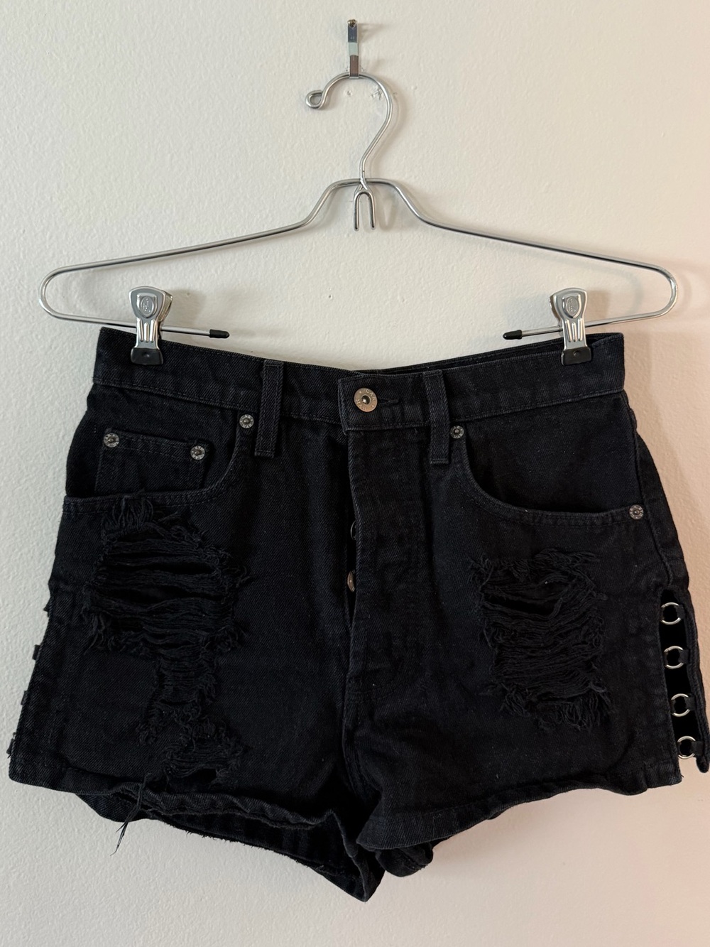 Carmar Black Distressed High-Rise Jean Shorts with Side Grommet Detail